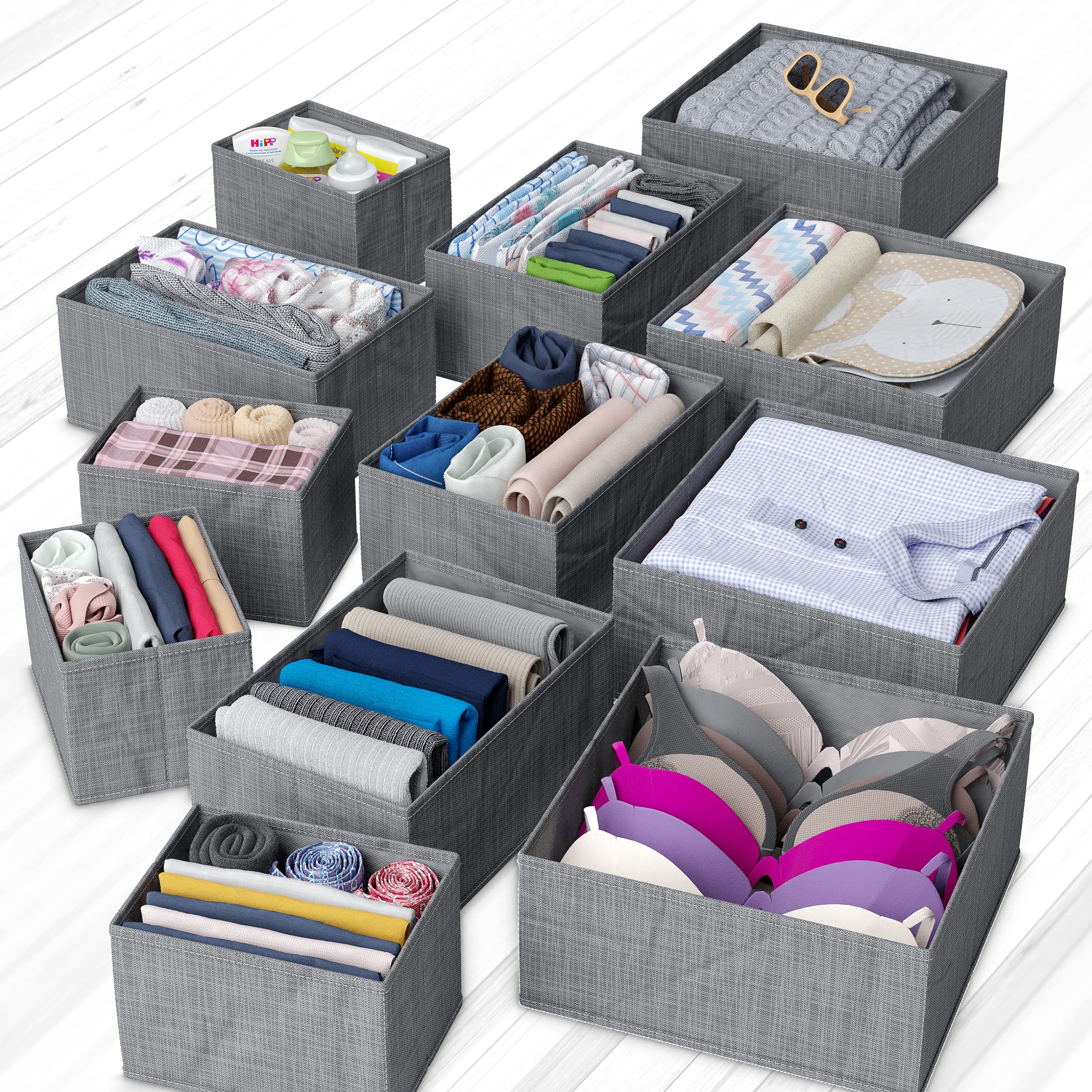 Drawer Organizer Clothes Set of 12 Grey - Dresser Organizer For Nursery, Bedroom, Closet - The Perfect Baby Clothes Organizer an